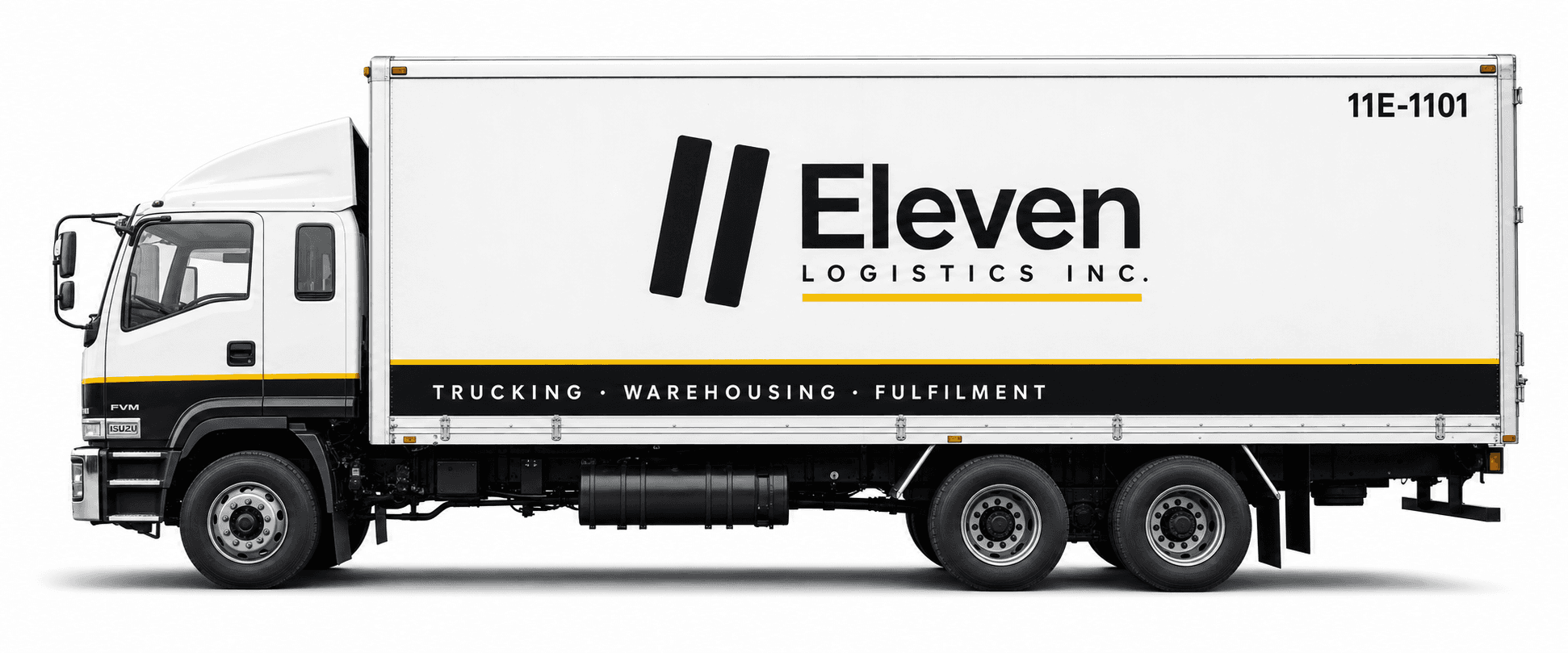 11Eleven Isuzu F-Series 10-wheeler wing van in brand livery, side elevation